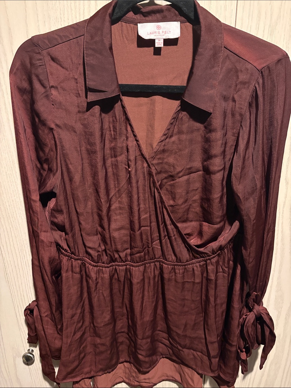 Laurie Felt Women's Wrap Blouse - Burgundy Wine color tunic.